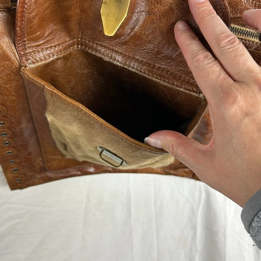 Vintage PRINCIPE Brown Leather COWHIDE PONY HAIR Satchel Crossbody Made in Italy